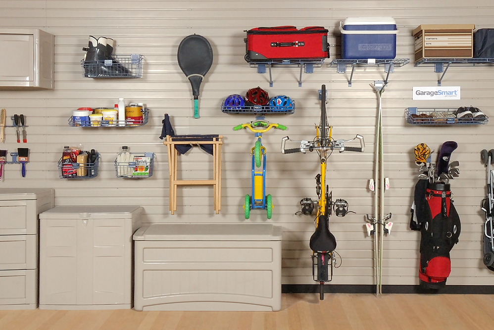 garage wall with tools and sports equipment